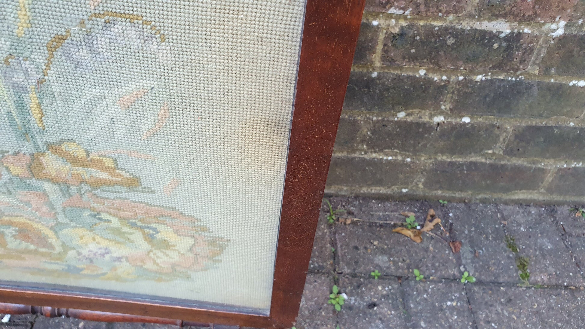 Large Impressive Tapestry Fire Screen Parrot Motif Mahogany Folds Up to Form Coffee Table