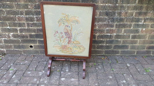 Large Impressive Tapestry Fire Screen Parrot Motif Mahogany Folds Up to Form Coffee Table
