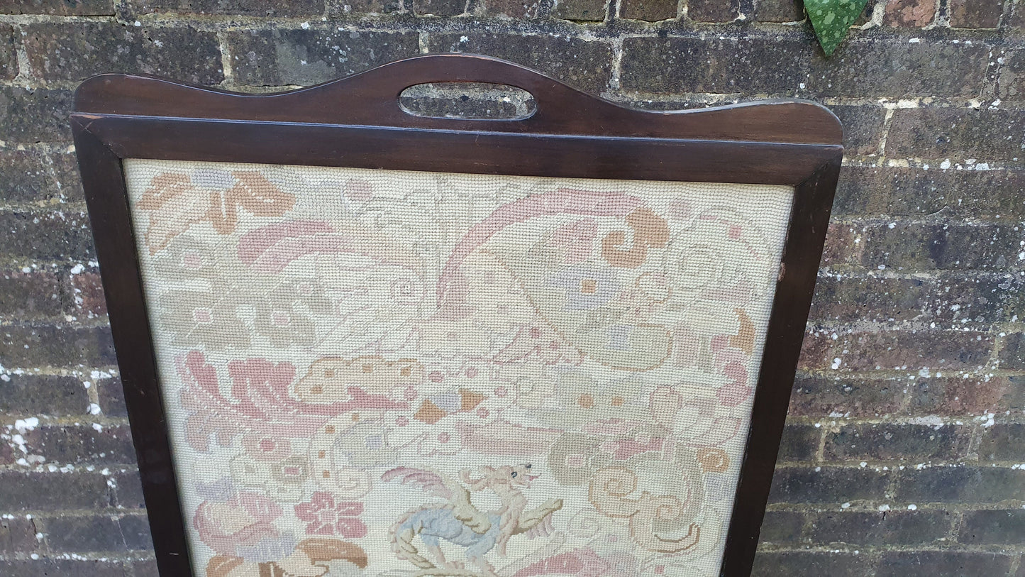Large Impressive Tapestry Fire Screen Mahogany Fantasy Animal Motif