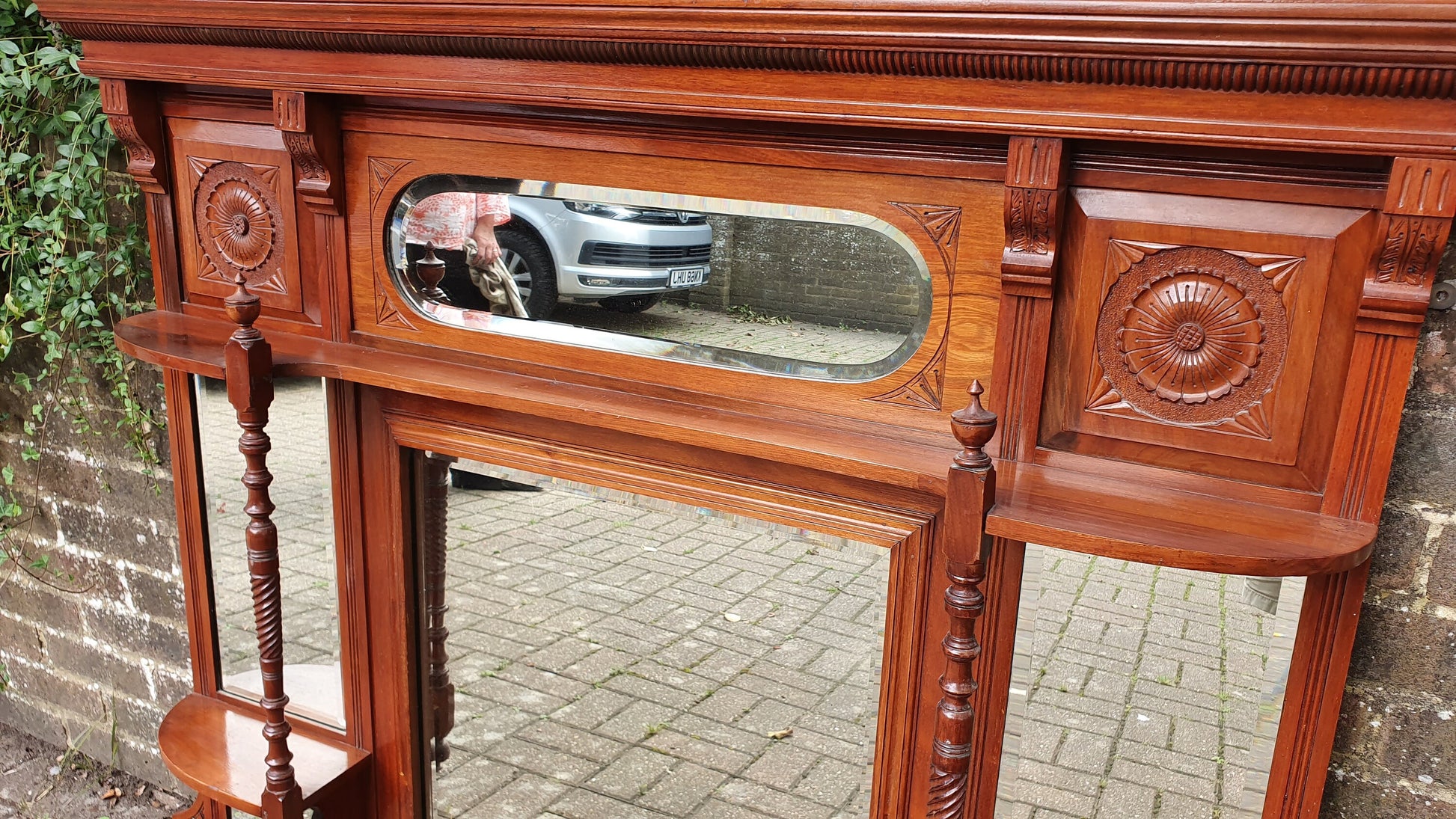 Huge Stylish Vintage Walnut Over Mantel Mirror Fireplace Wall.