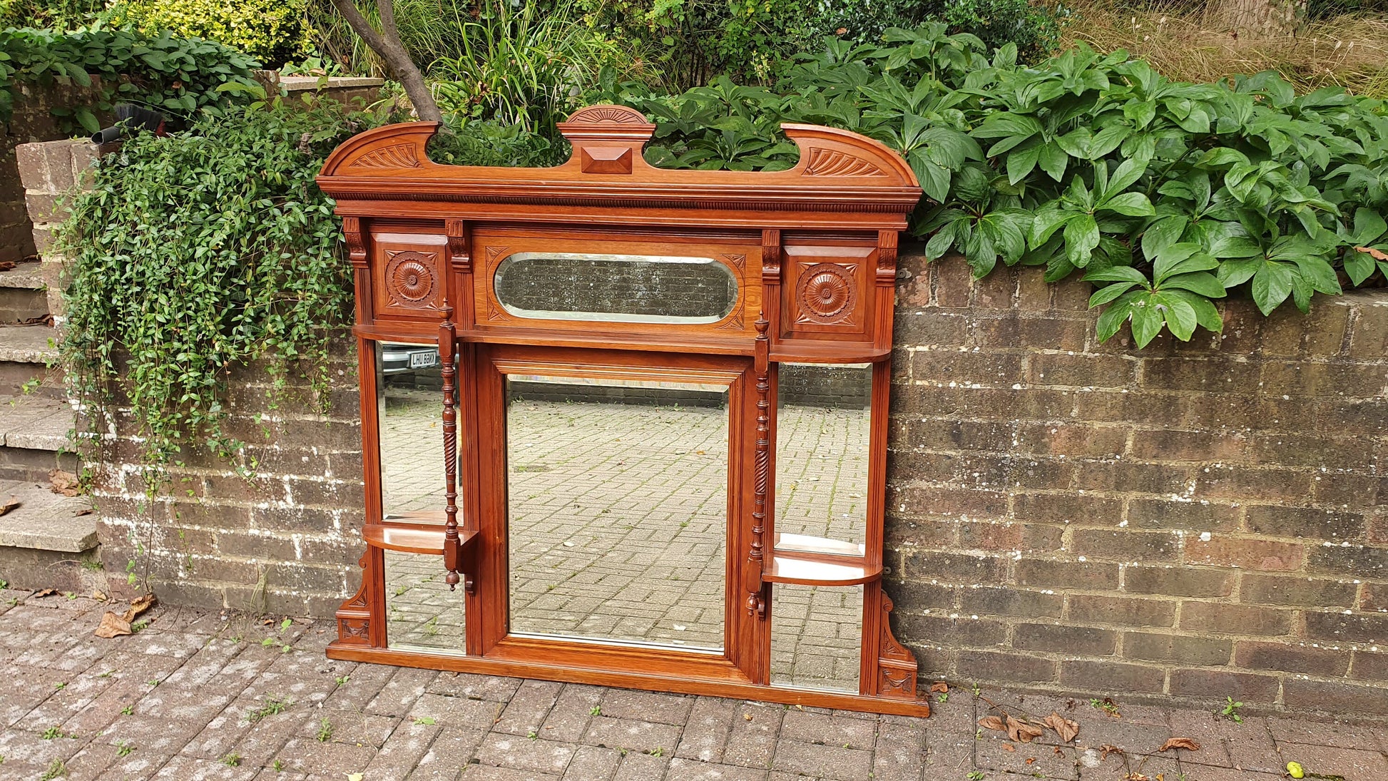 Huge Stylish Vintage Walnut Over Mantel Mirror Fireplace Wall.