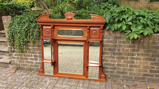 Huge Stylish Vintage Walnut Over Mantel Mirror Fireplace Wall.