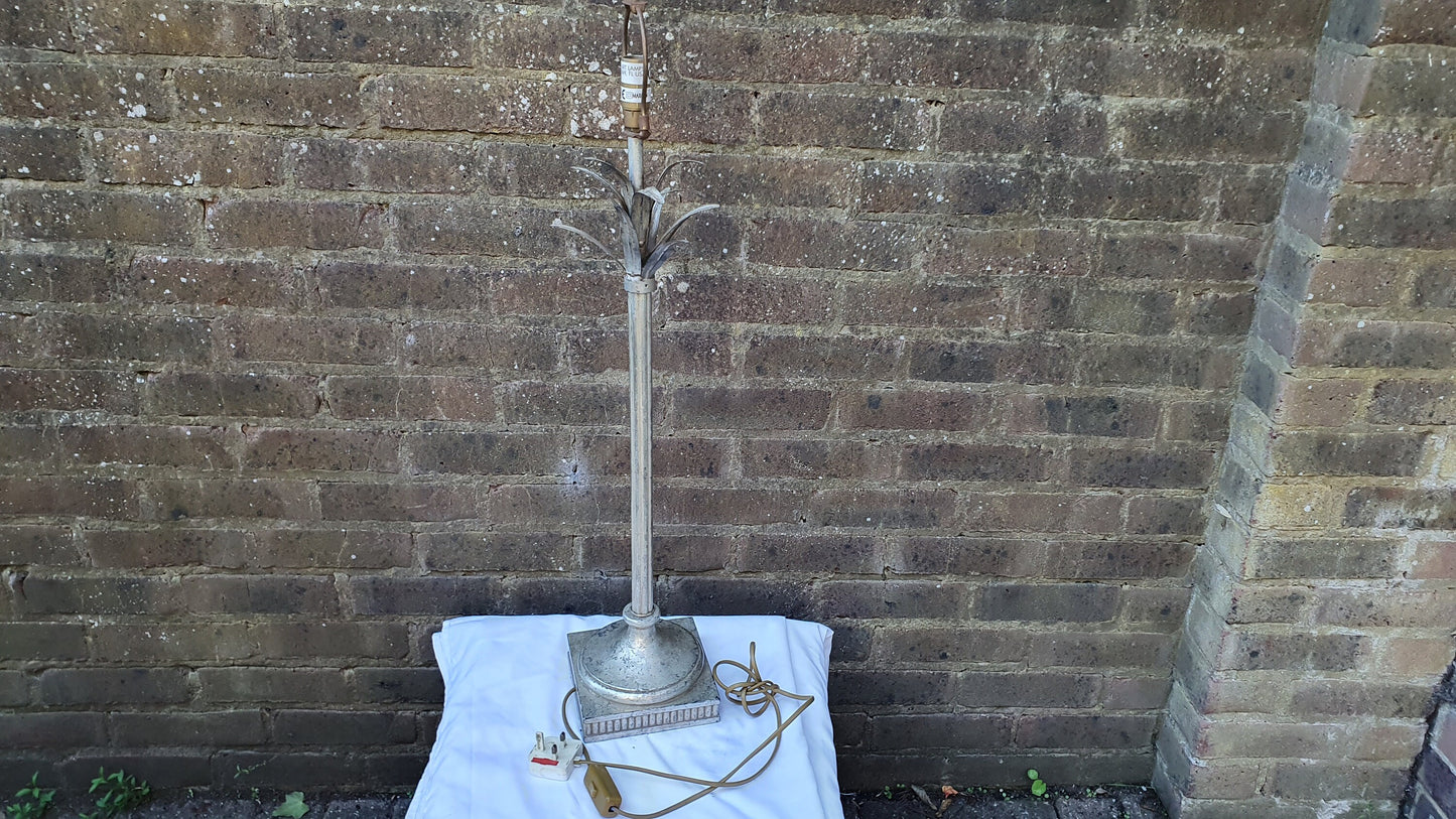 Vintage Elegant Silver Table Lamp. Fluted Palm Tree Design Distressed Finish American