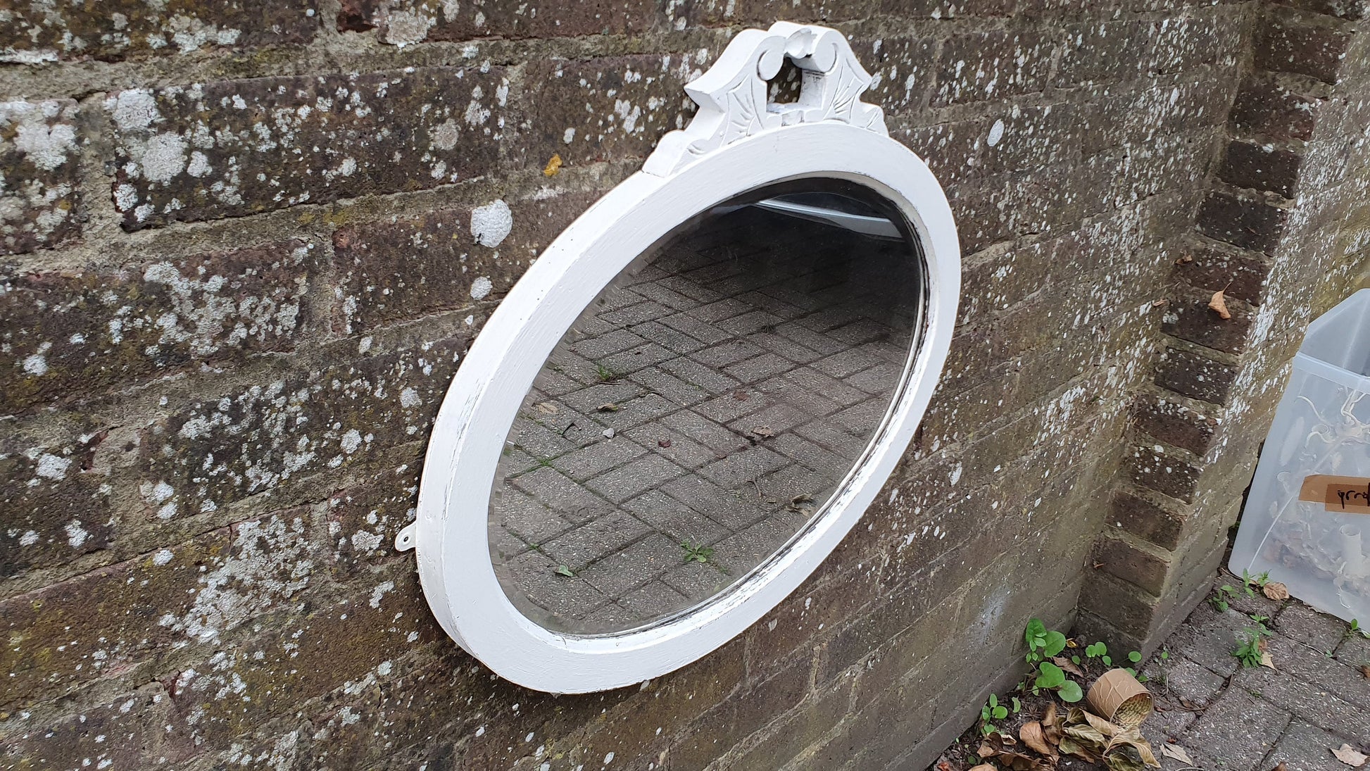 Vintage Painted Oval Wall Mirror in Farrow and Ball Wimborne White Bespoke Hand Painted Decorated Top