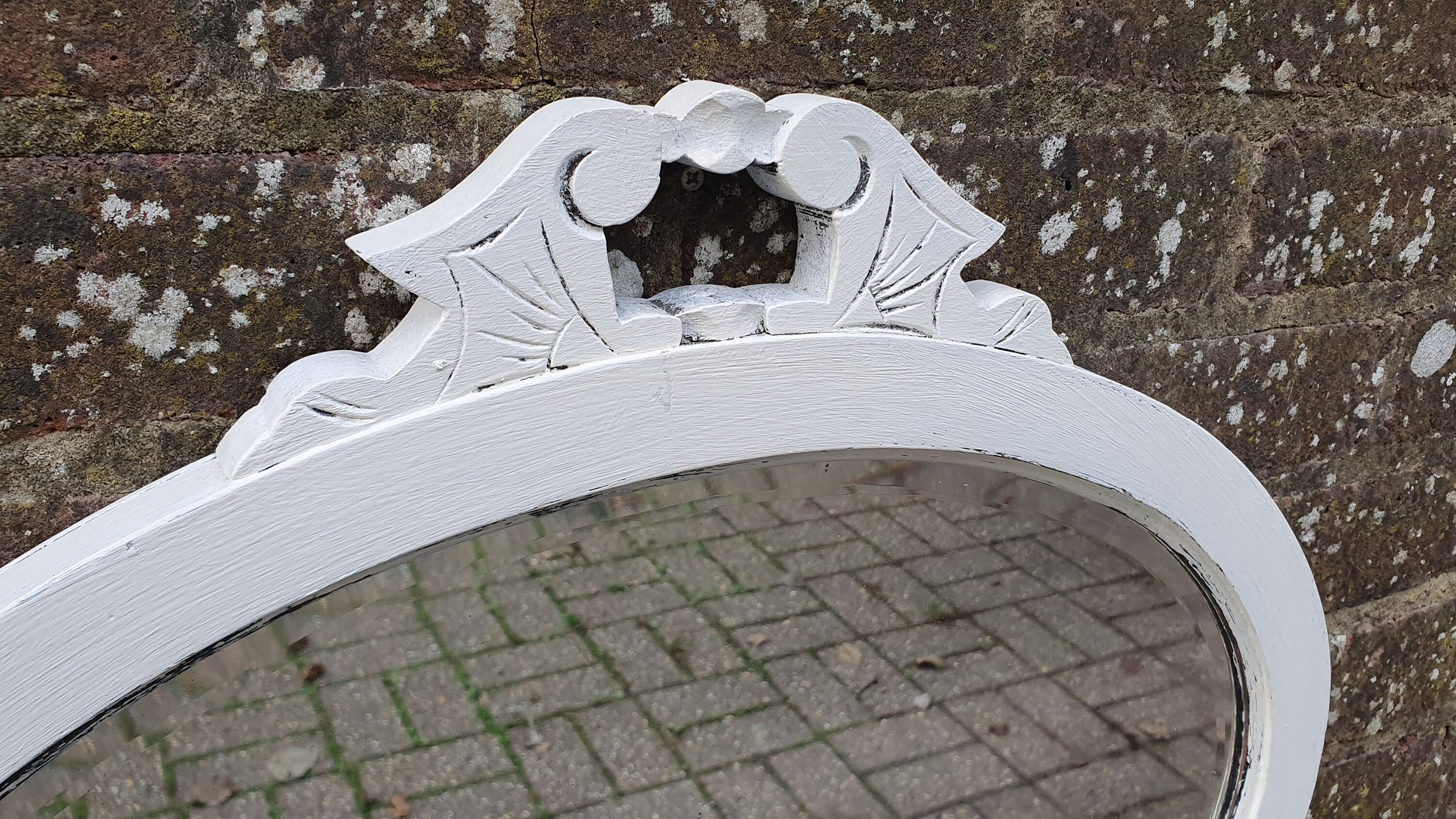 Vintage Painted Oval Wall Mirror in Farrow and Ball Wimborne White Bespoke Hand Painted Decorated Top