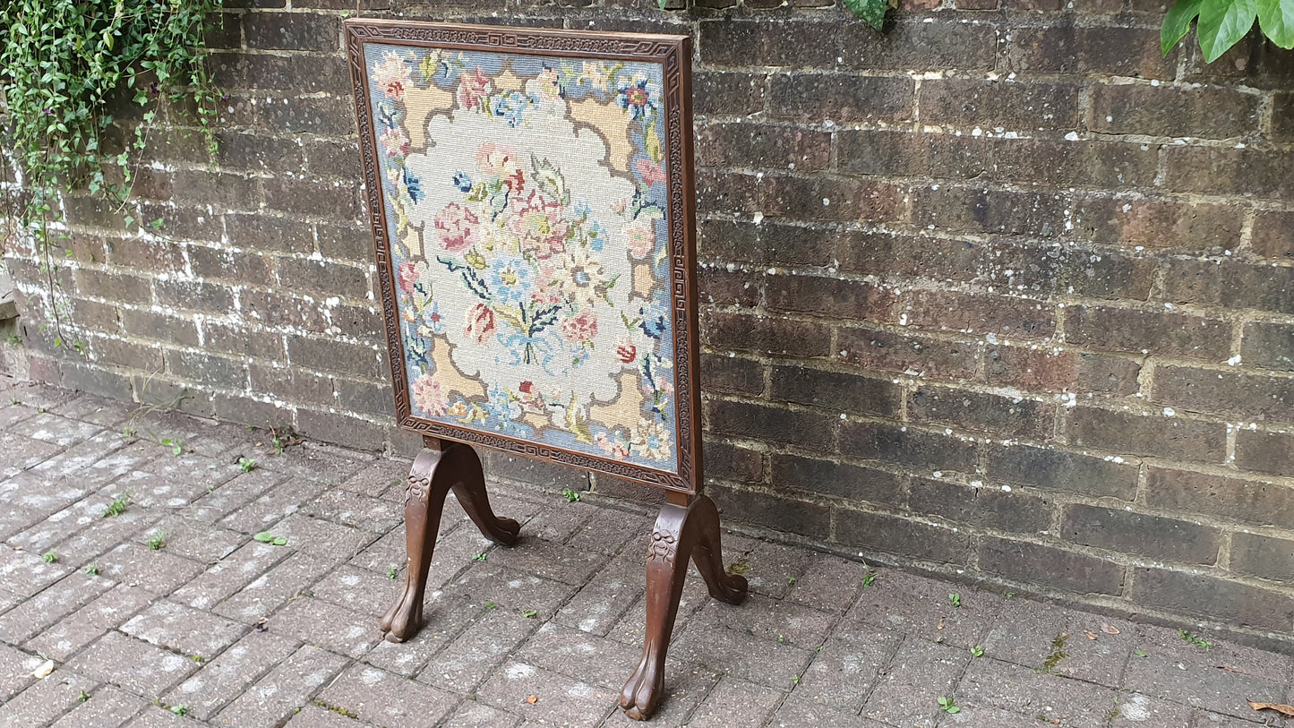 Large Vintage Mahogany and Still Life Tapestry Fire Screen