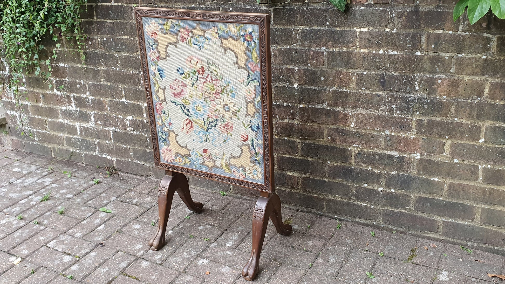 Large Vintage Mahogany and Still Life Tapestry Fire Screen