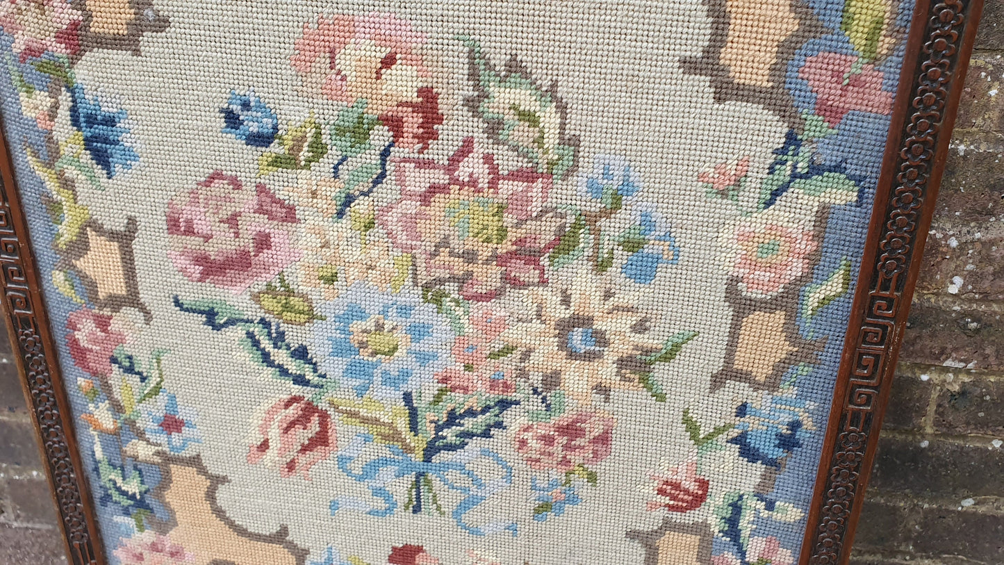 Large Vintage Mahogany and Still Life Tapestry Fire Screen