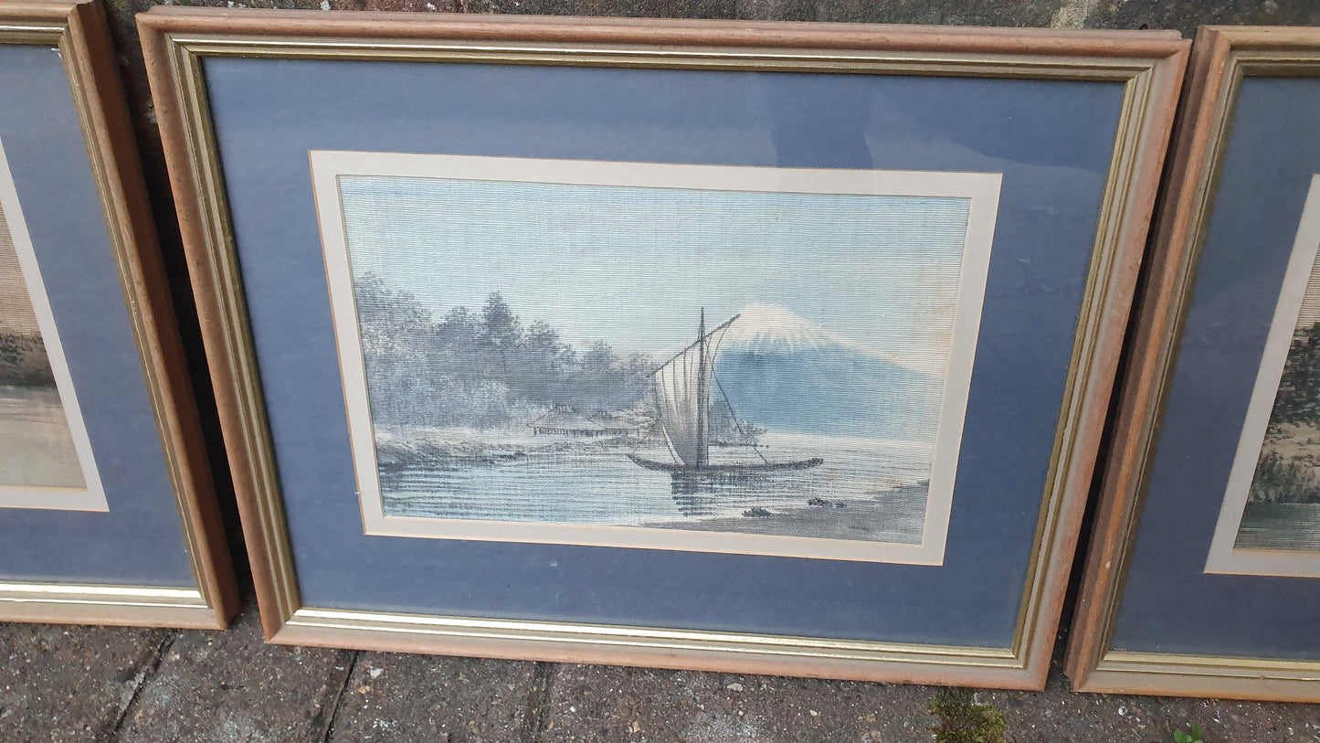 Set of 3 wonderful, subtle Japanese (Mount Fuji) original paintings on linen/material