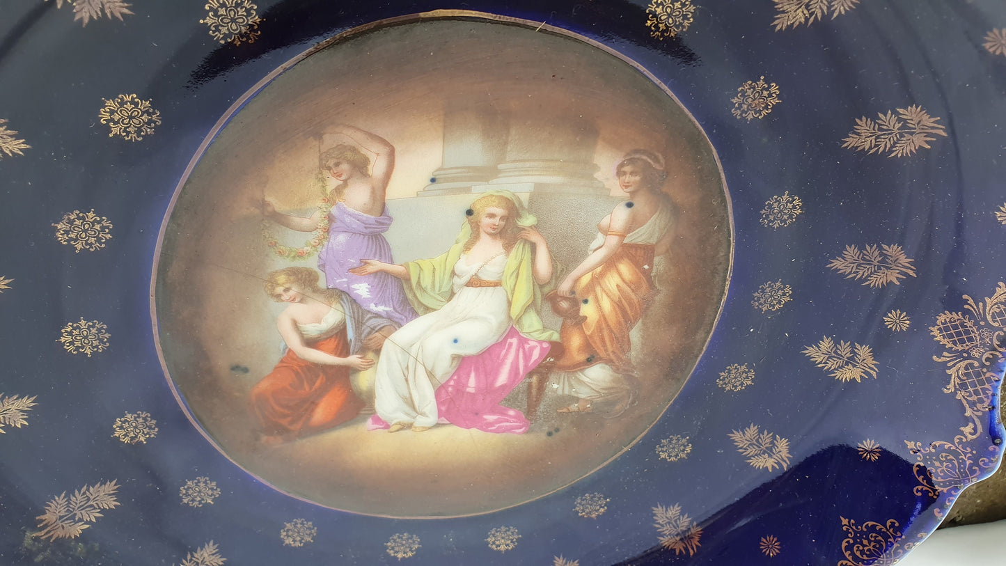 2 Pair Stunning Vintage Huge Cobalt Blue and Gold Picture Romantic Wall Plates Serving Bowls Early-20th Century