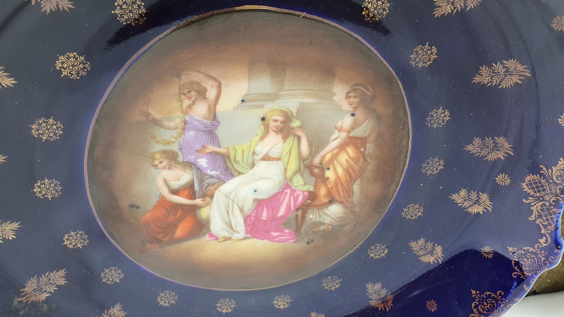 2 Pair Stunning Vintage Huge Cobalt Blue and Gold Picture Romantic Wall Plates Serving Bowls Early-20th Century