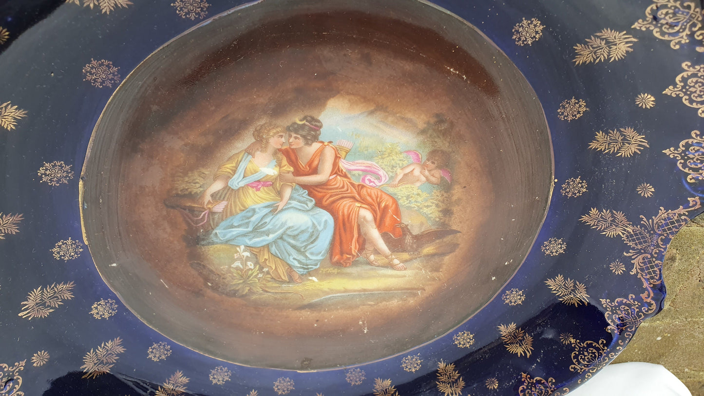 2 Pair Stunning Vintage Huge Cobalt Blue and Gold Picture Romantic Wall Plates Serving Bowls Early-20th Century