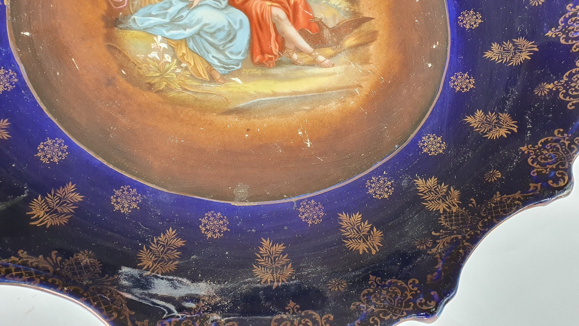 2 Pair Stunning Vintage Huge Cobalt Blue and Gold Picture Romantic Wall Plates Serving Bowls Early-20th Century