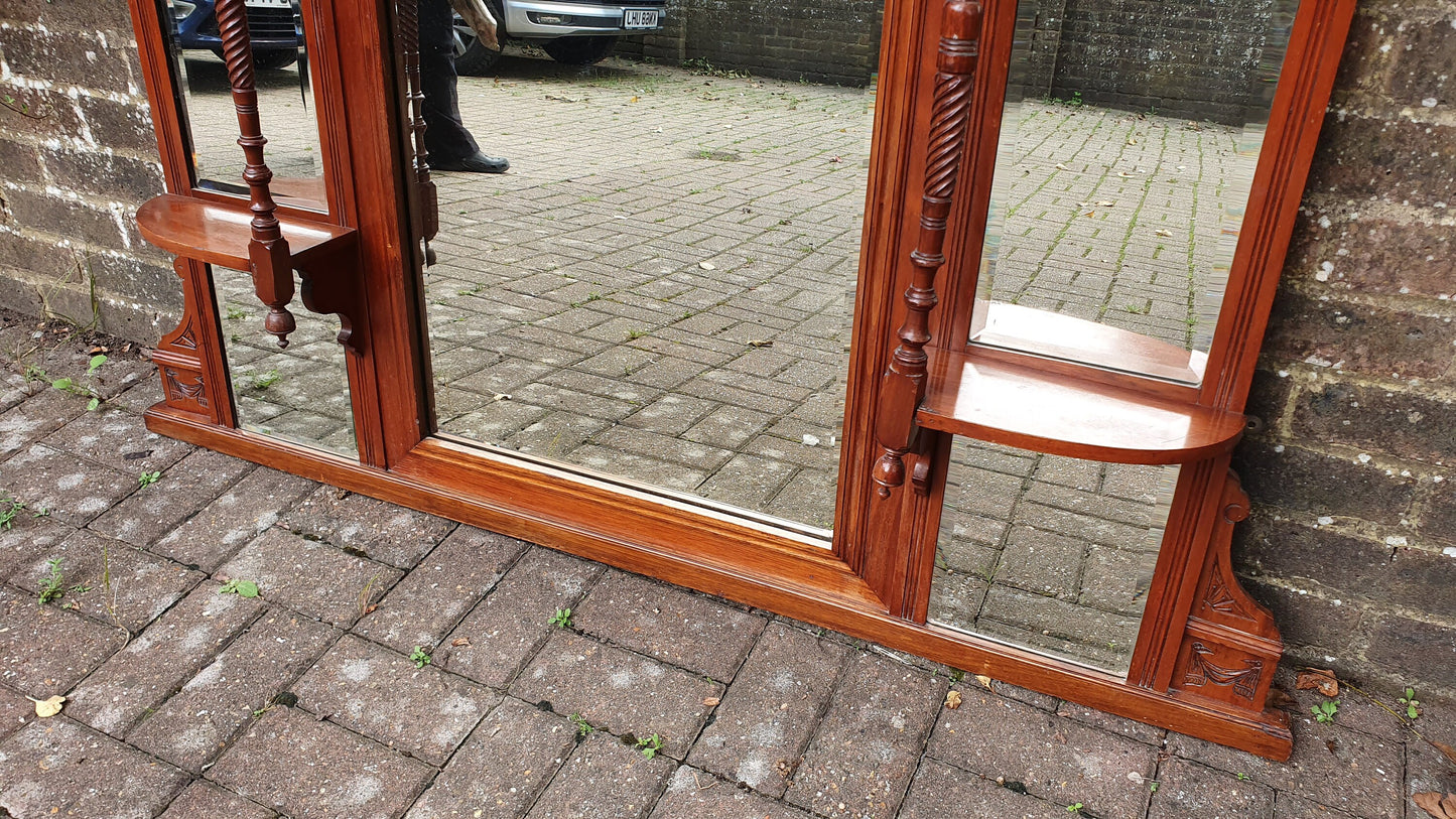 Huge Stylish Vintage Walnut Over Mantel Mirror Fireplace Wall.