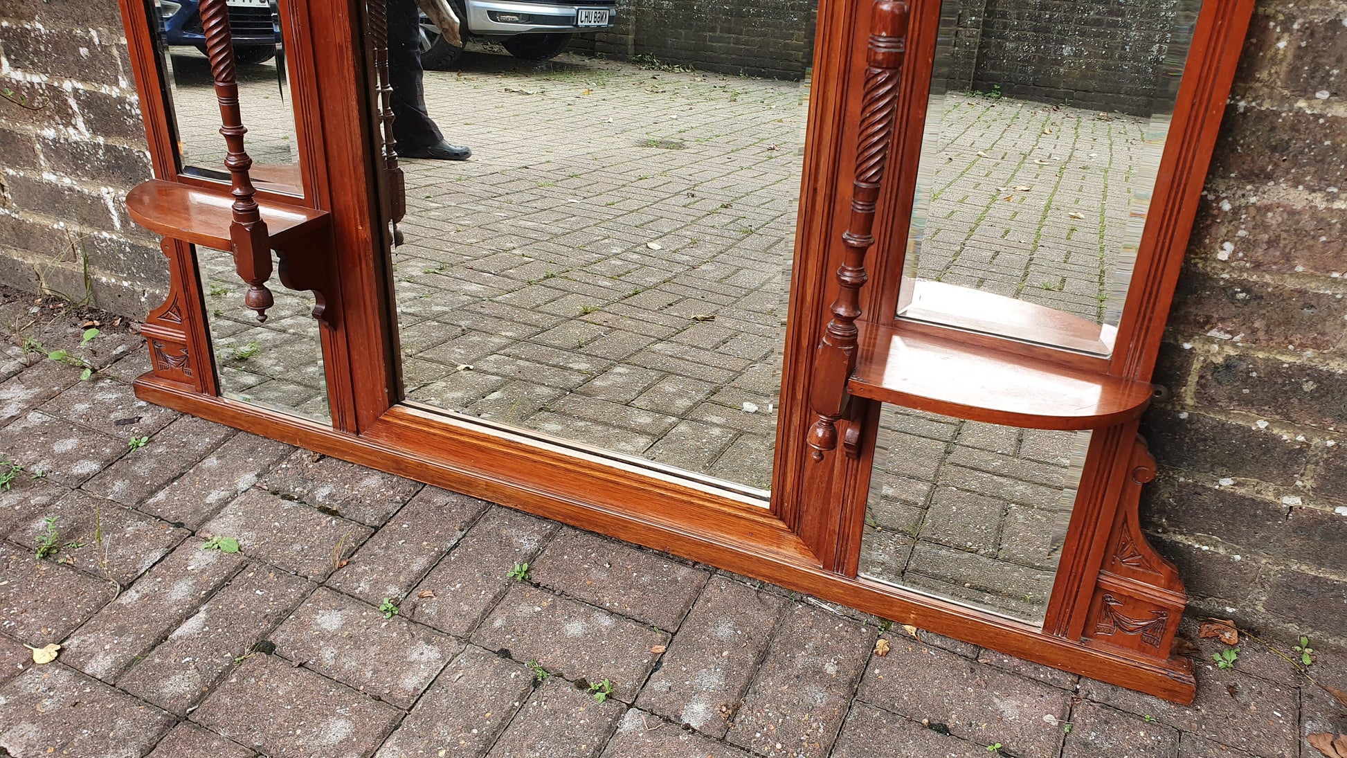 Huge Stylish Vintage Walnut Over Mantel Mirror Fireplace Wall.
