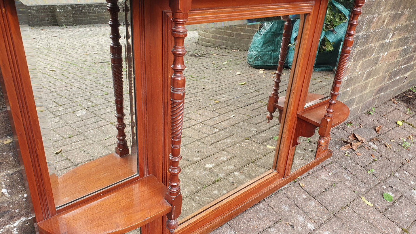 Huge Stylish Vintage Walnut Over Mantel Mirror Fireplace Wall.