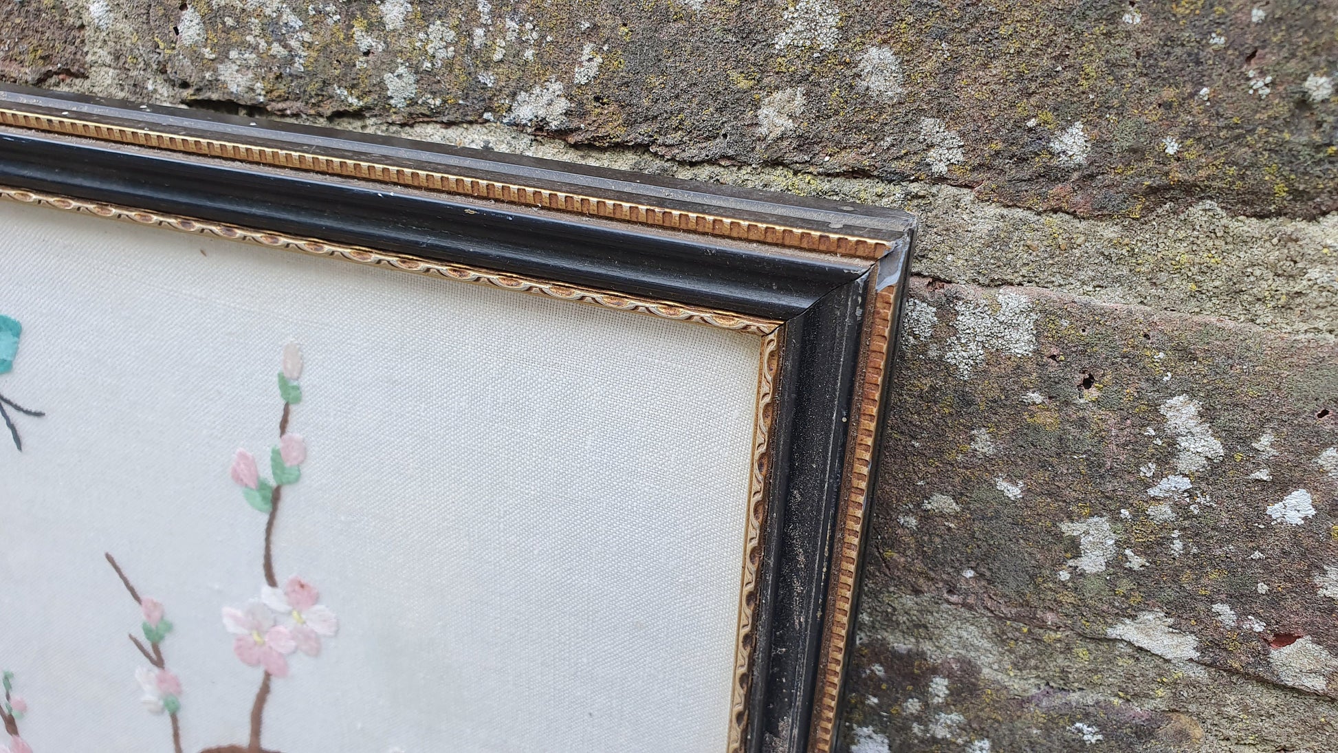 Gorgeous Vintage Oriental Embroidery Picture Flower Floral Butterfly Decoration Glazed Black and Gold Frame.