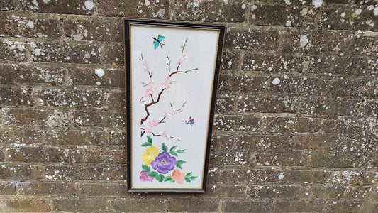Gorgeous Vintage Oriental Embroidery Picture Flower Floral Butterfly Decoration Glazed Black and Gold Frame.