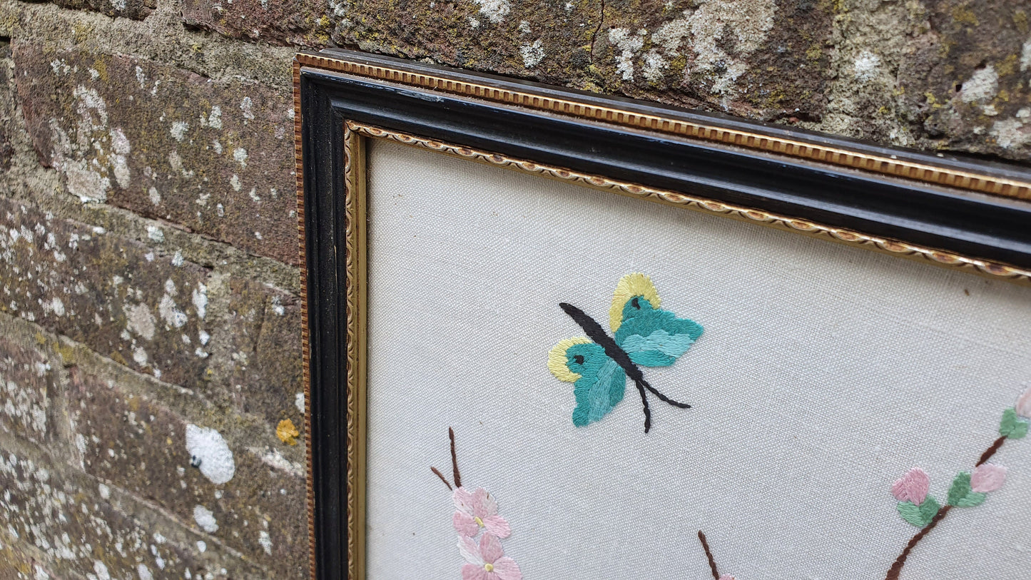 Gorgeous Vintage Oriental Embroidery Picture Flower Floral Butterfly Decoration Glazed Black and Gold Frame.