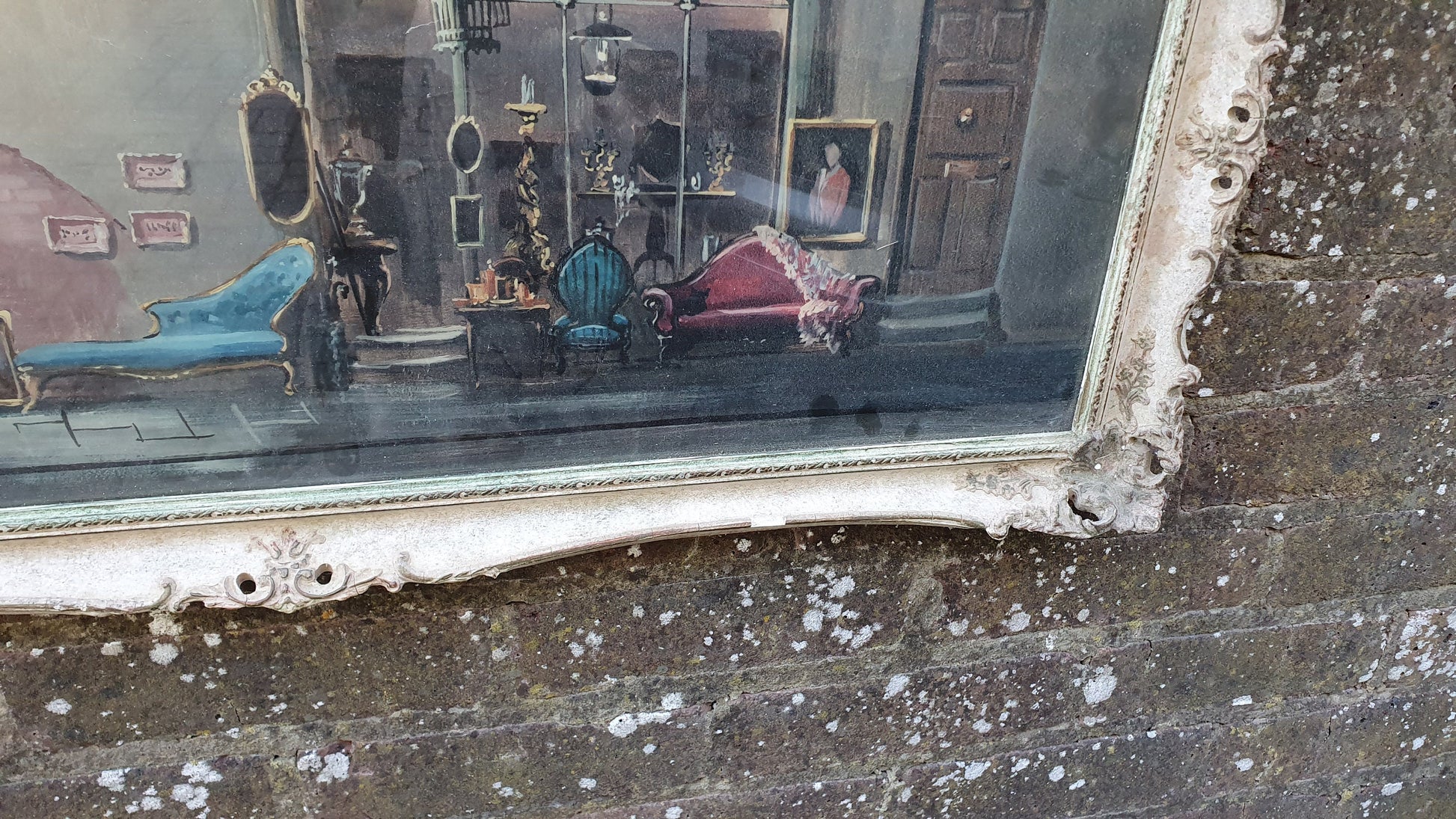Wonderful Vintage ‘Antique Shop. Print in Swept Painted Frame.by Deborah Jones 85 x 40 cm