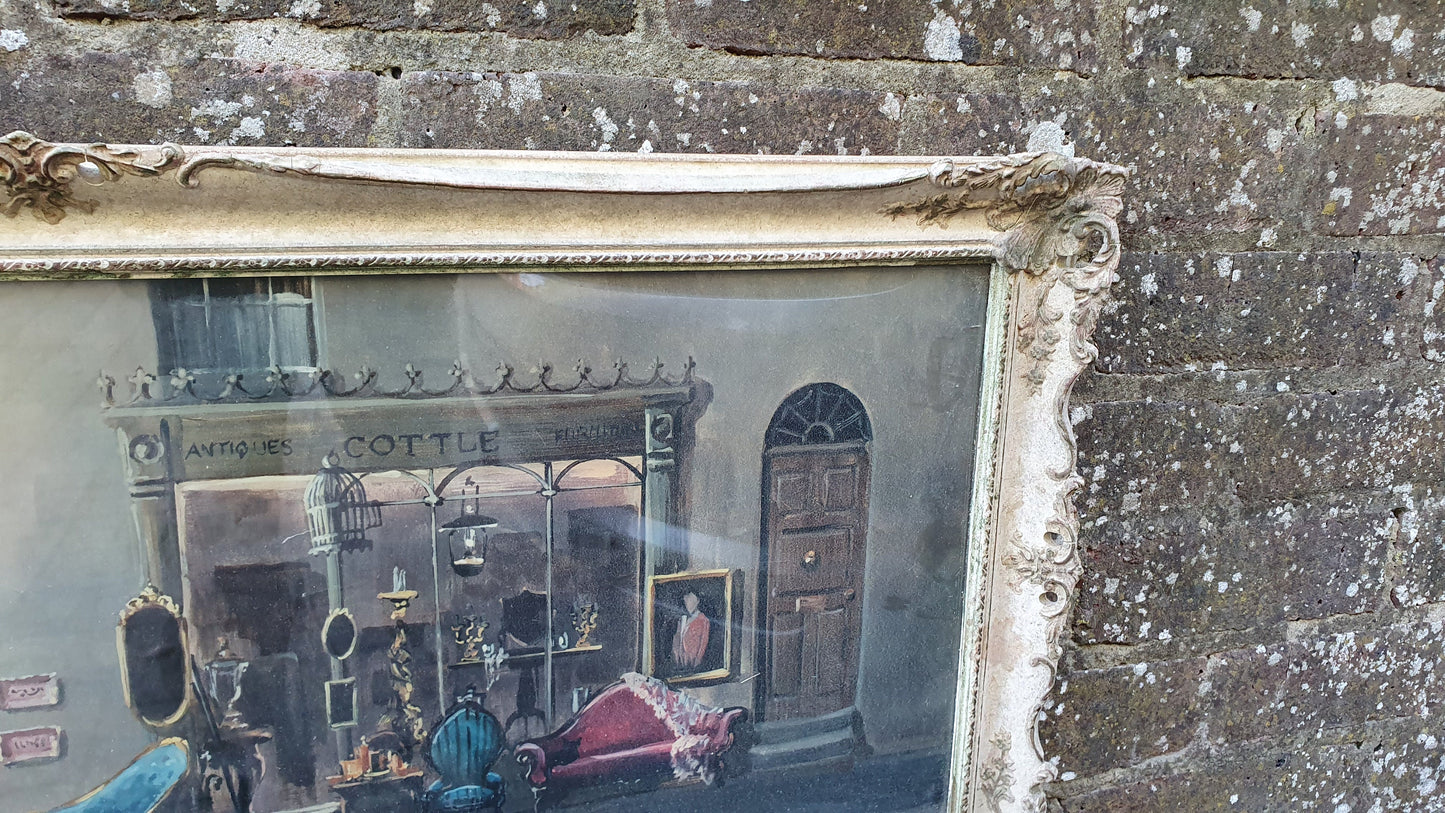 Wonderful Vintage ‘Antique Shop. Print in Swept Painted Frame.by Deborah Jones 85 x 40 cm
