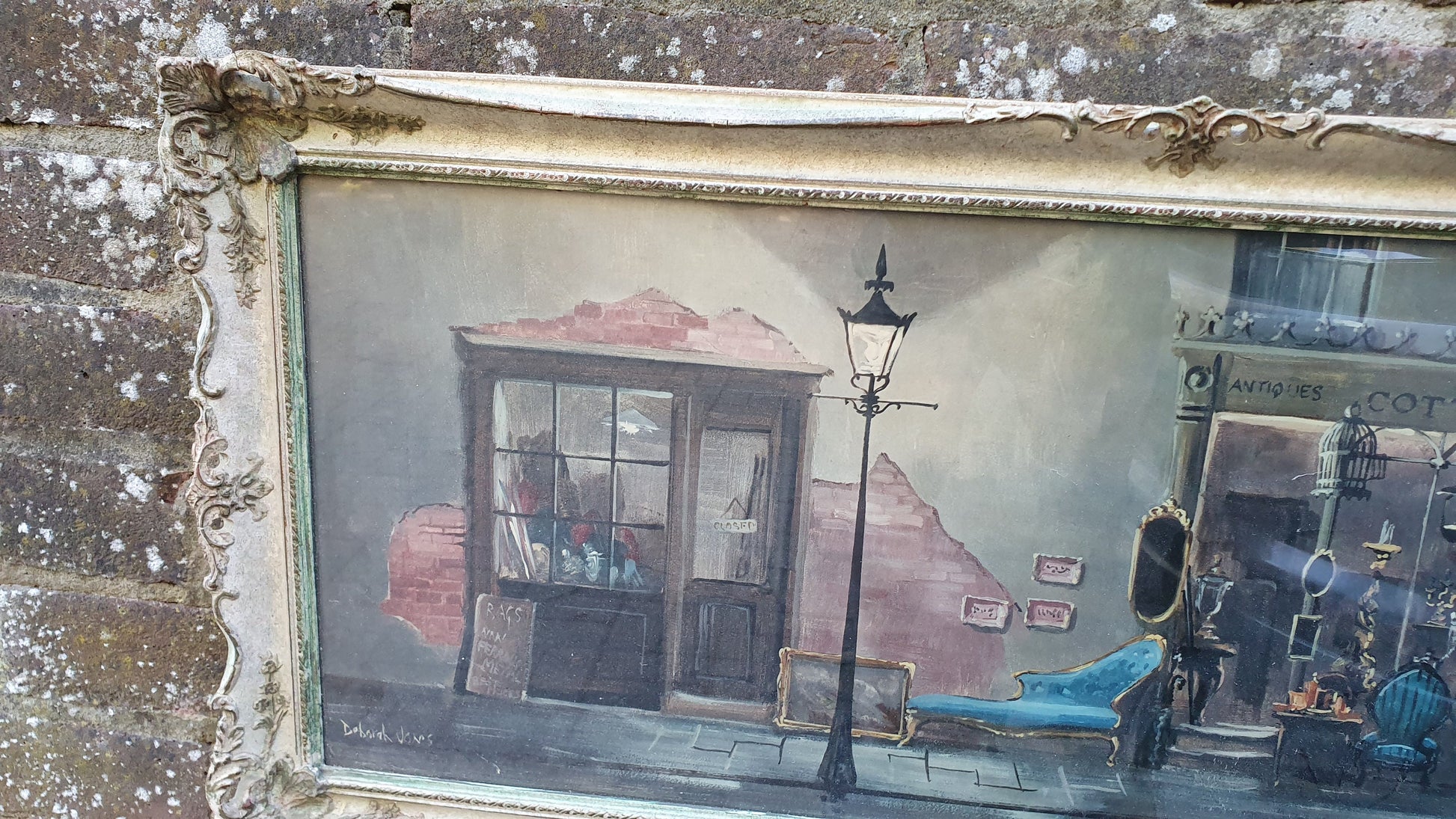 Wonderful Vintage ‘Antique Shop. Print in Swept Painted Frame.by Deborah Jones 85 x 40 cm
