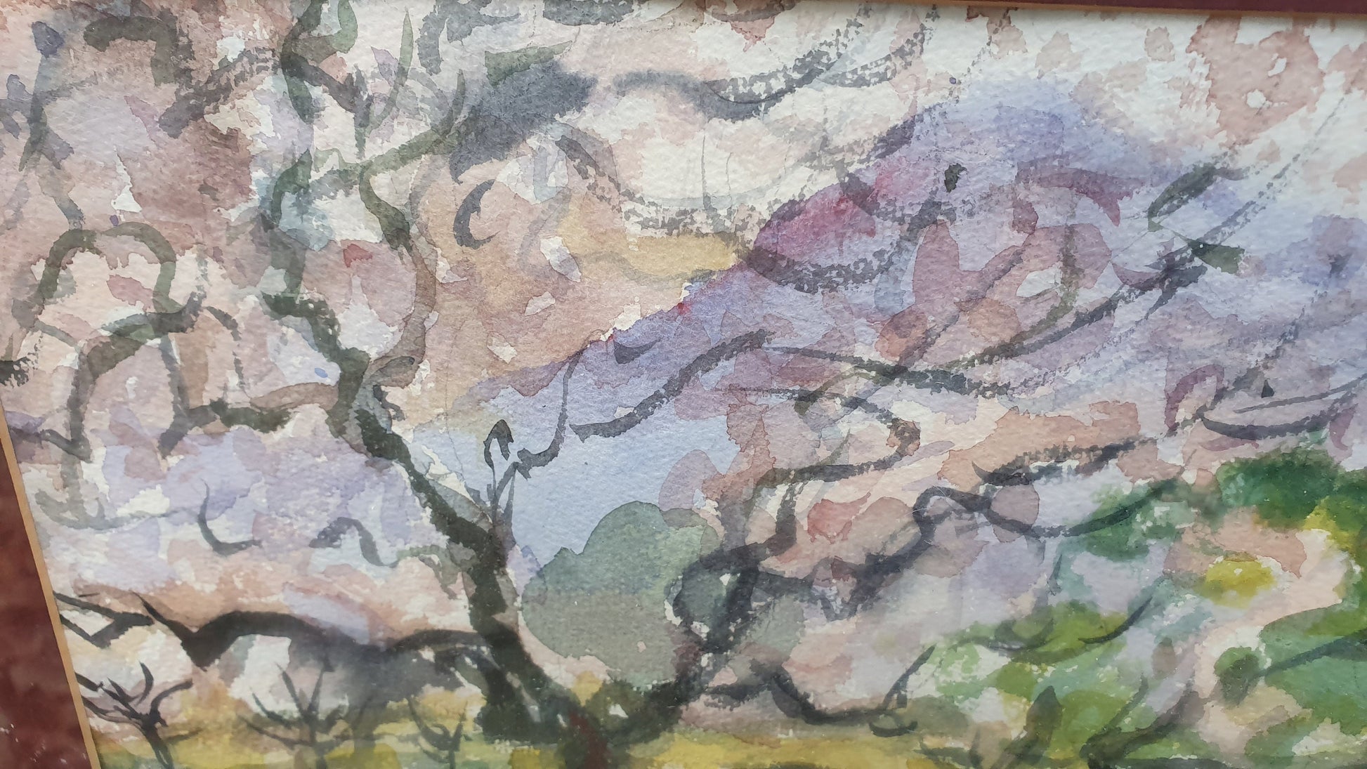 Vintage Abstract Original Watercolour Outback Trees and Creek Mavis Wilson Australia.