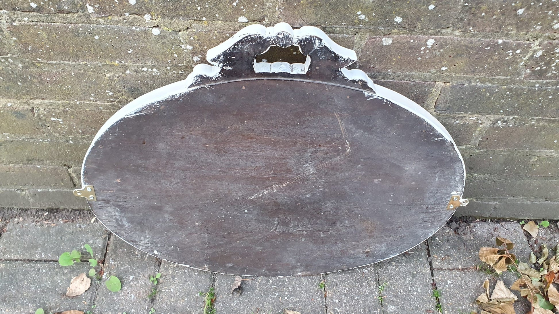 Vintage Painted Oval Wall Mirror in Farrow and Ball Wimborne White Bespoke Hand Painted Decorated Top
