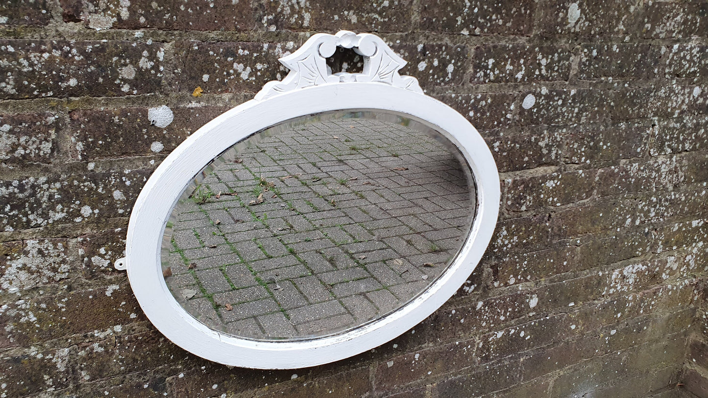 Vintage Painted Oval Wall Mirror in Farrow and Ball Wimborne White Bespoke Hand Painted Decorated Top
