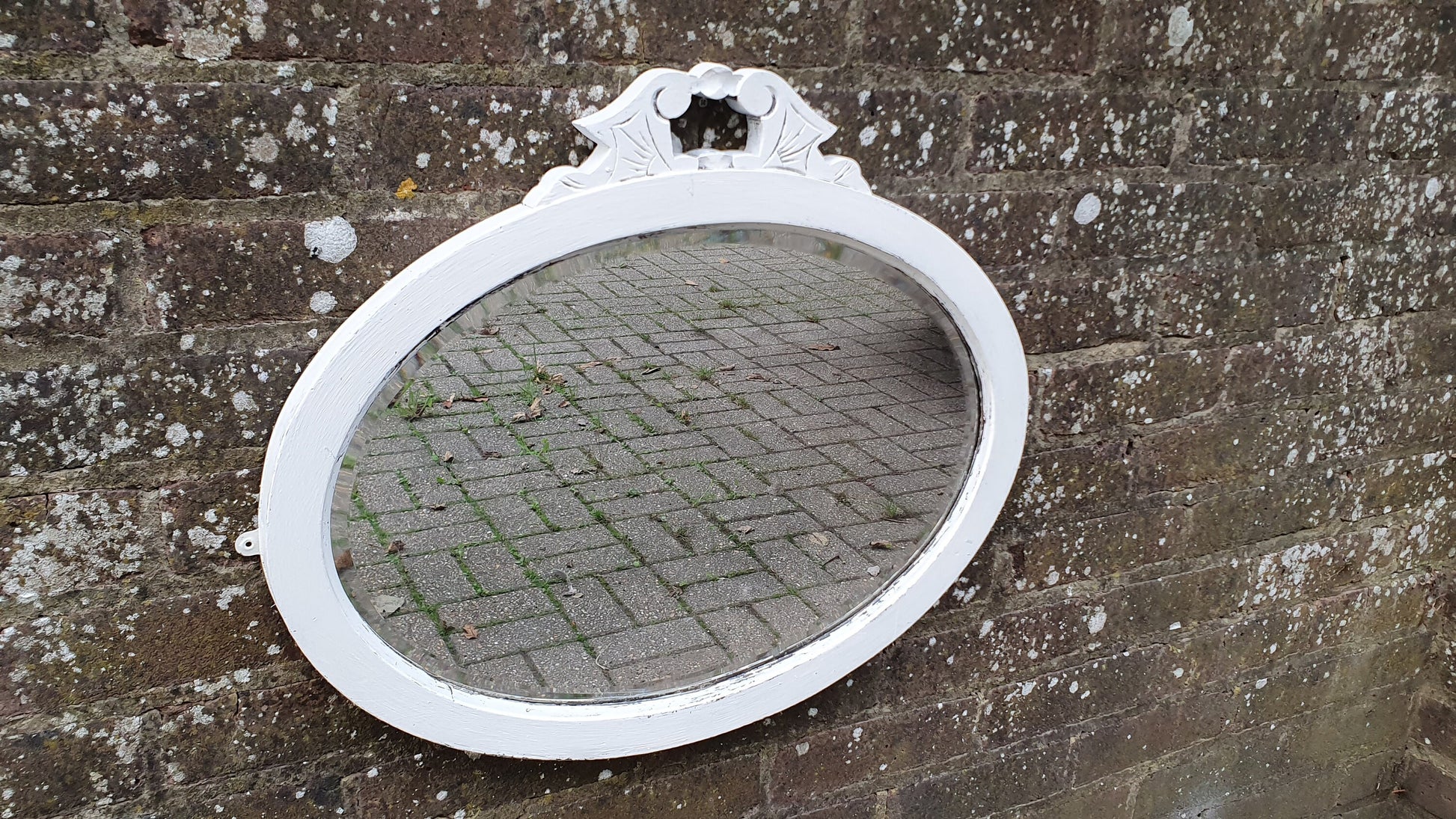 Vintage Painted Oval Wall Mirror in Farrow and Ball Wimborne White Bespoke Hand Painted Decorated Top