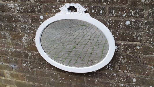 Vintage Painted Oval Wall Mirror in Farrow and Ball Wimborne White Bespoke Hand Painted Decorated Top