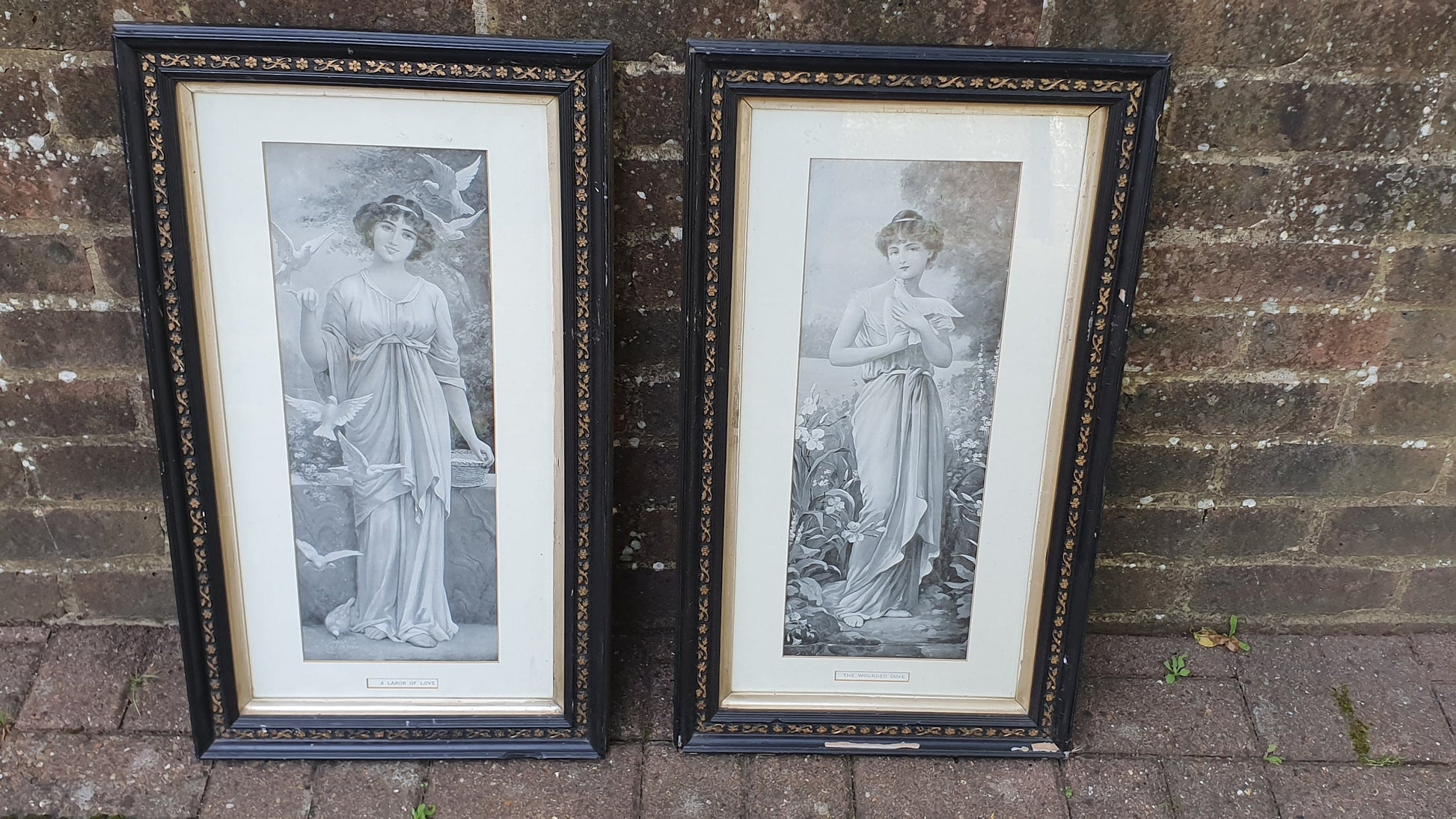 Pair of Vintage Early 20th Century Prints Wounded Dove and Labor of Love Pretty Lady With Doves Print