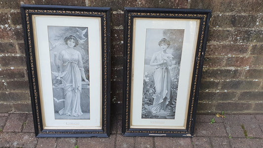 Pair of Vintage Early 20th Century Prints Wounded Dove and Labor of Love Pretty Lady With Doves Print