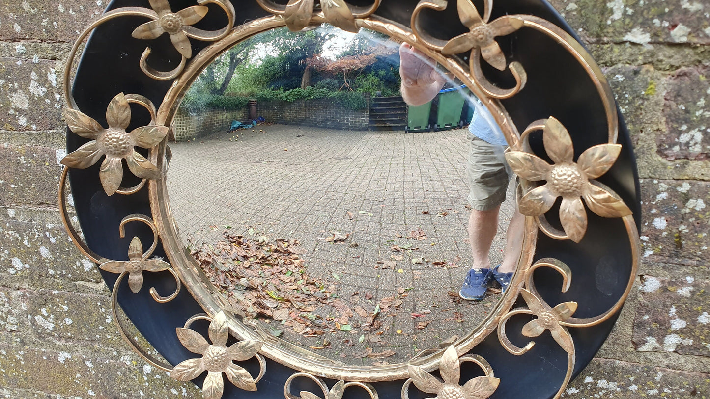 Vintage Retro Metal Black and Gold Convex Wall Mirror