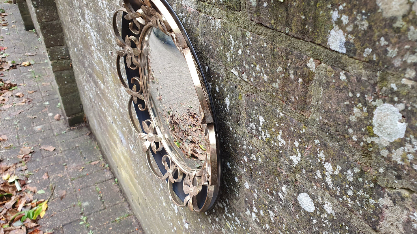 Vintage Retro Metal Black and Gold Convex Wall Mirror