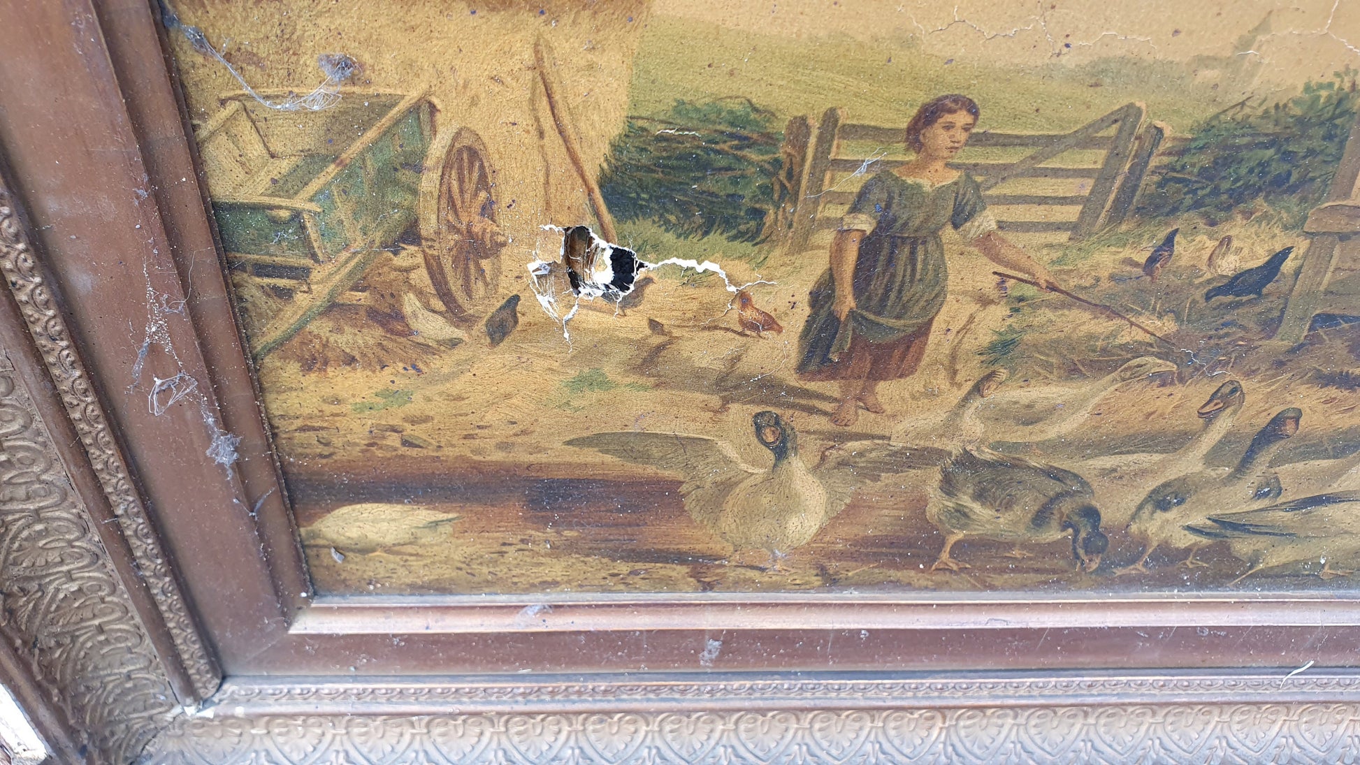 Large Magnificent Pair Rural Farm scenes on Canvas in gorgeous wooden frames - c1900 masterpieces? Cow Farm