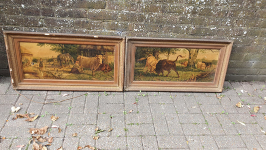 Large Magnificent Pair Rural Farm scenes on Canvas in gorgeous wooden frames - c1900 masterpieces? Cow Farm