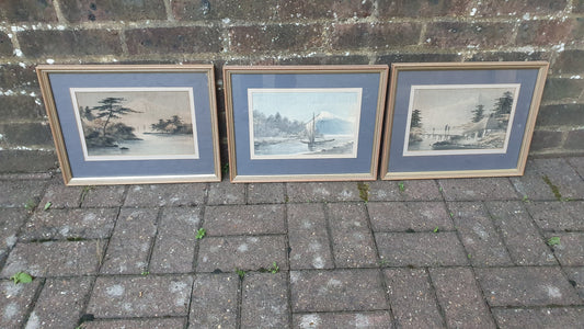 Set of 3 wonderful, subtle Japanese (Mount Fuji) original paintings on linen/material