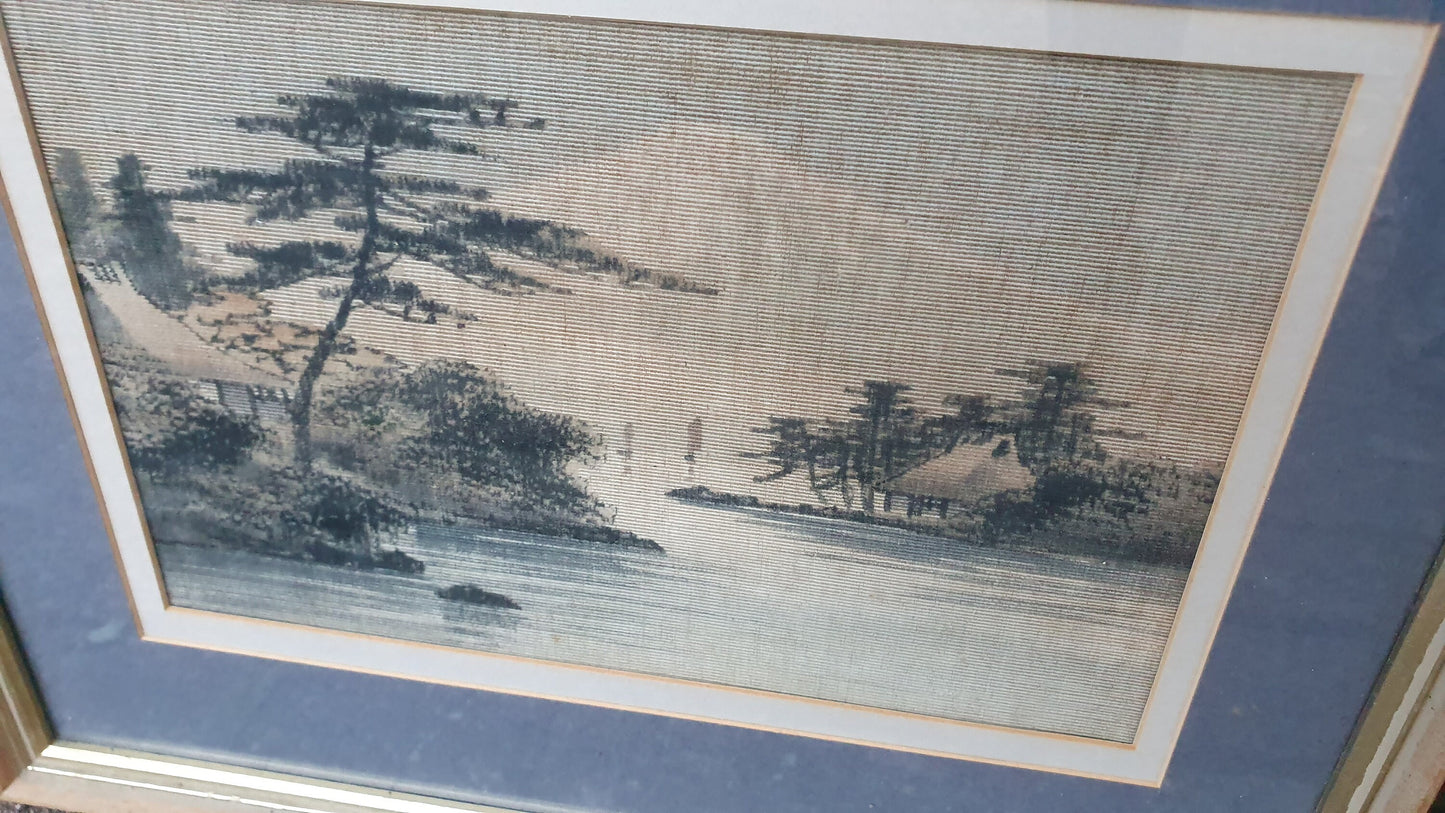 Set of 3 wonderful, subtle Japanese (Mount Fuji) original paintings on linen/material