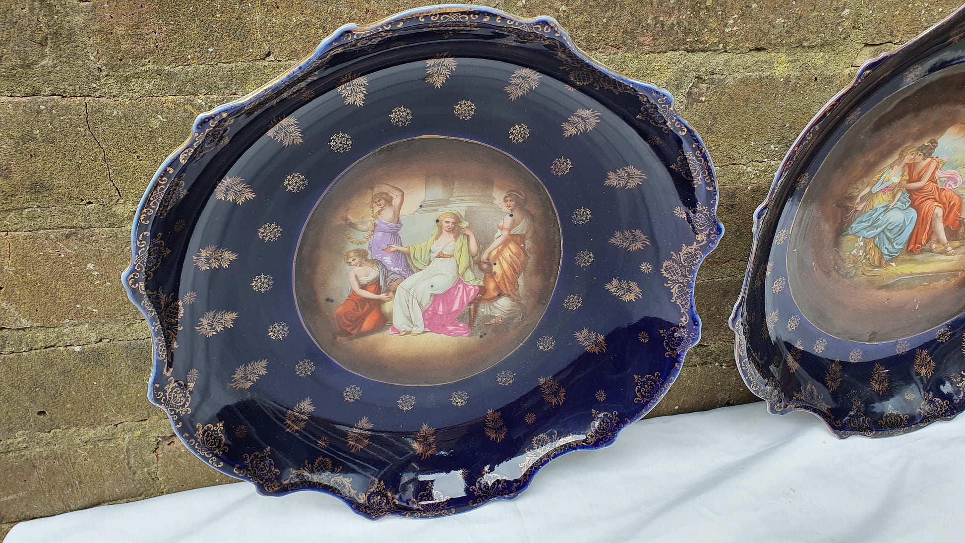 2 Pair Stunning Vintage Huge Cobalt Blue and Gold Picture Romantic Wall Plates Serving Bowls Early-20th Century
