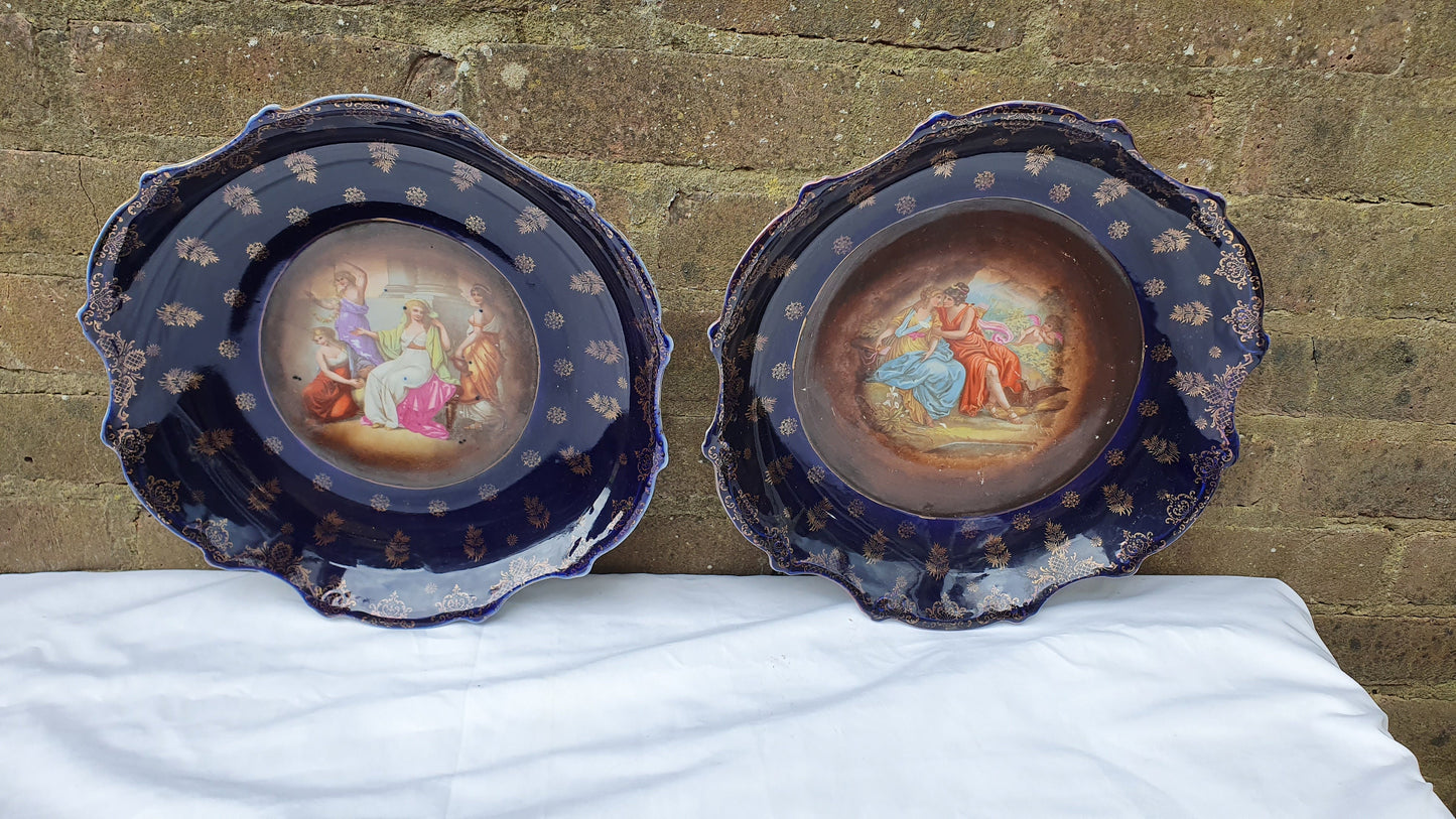 2 Pair Stunning Vintage Huge Cobalt Blue and Gold Picture Romantic Wall Plates Serving Bowls Early-20th Century