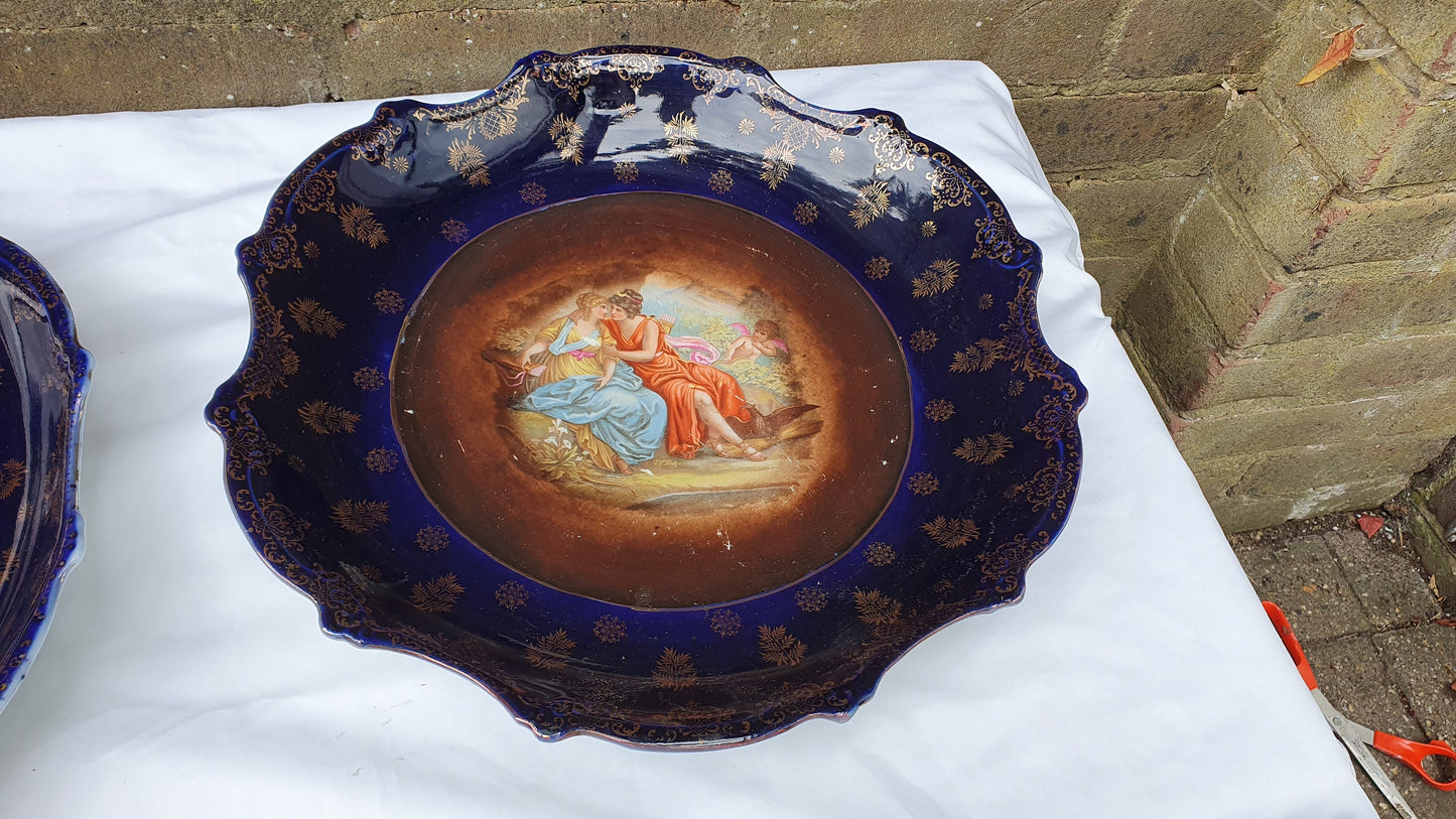 2 Pair Stunning Vintage Huge Cobalt Blue and Gold Picture Romantic Wall Plates Serving Bowls Early-20th Century