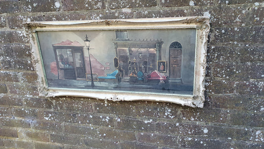 Wonderful Vintage ‘Antique Shop. Print in Swept Painted Frame.by Deborah Jones 85 x 40 cm