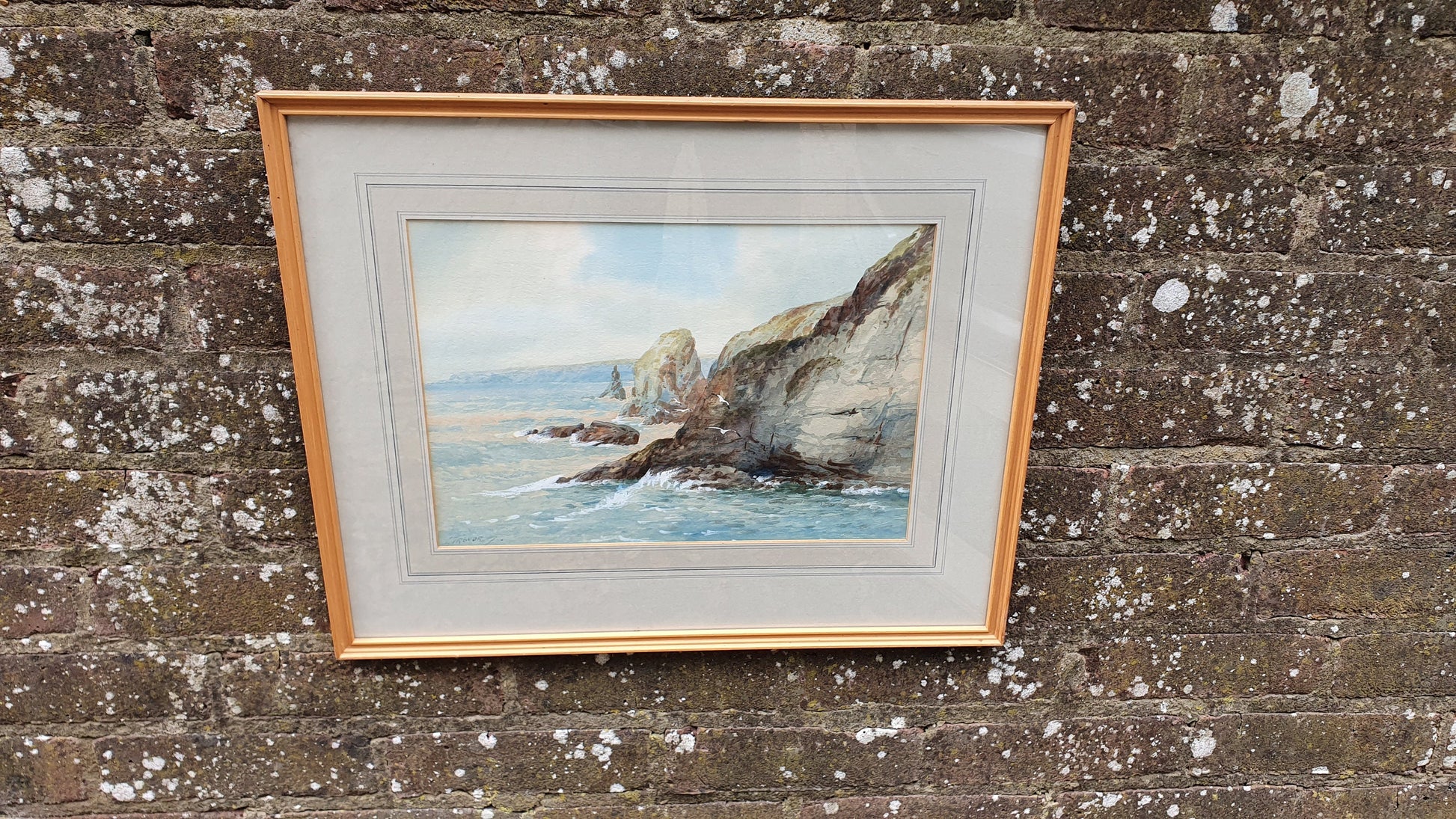 Large Vintage Original Watercolour Rocks and Waves Seascape Seagulls Climb From The Waves by S Trevor Air B’n’B Decor