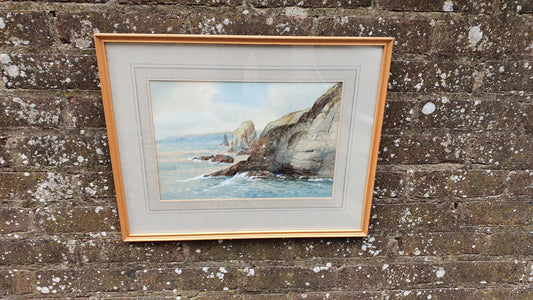 Large Vintage Original Watercolour Rocks and Waves Seascape Seagulls Climb From The Waves by S Trevor Air B’n’B Decor