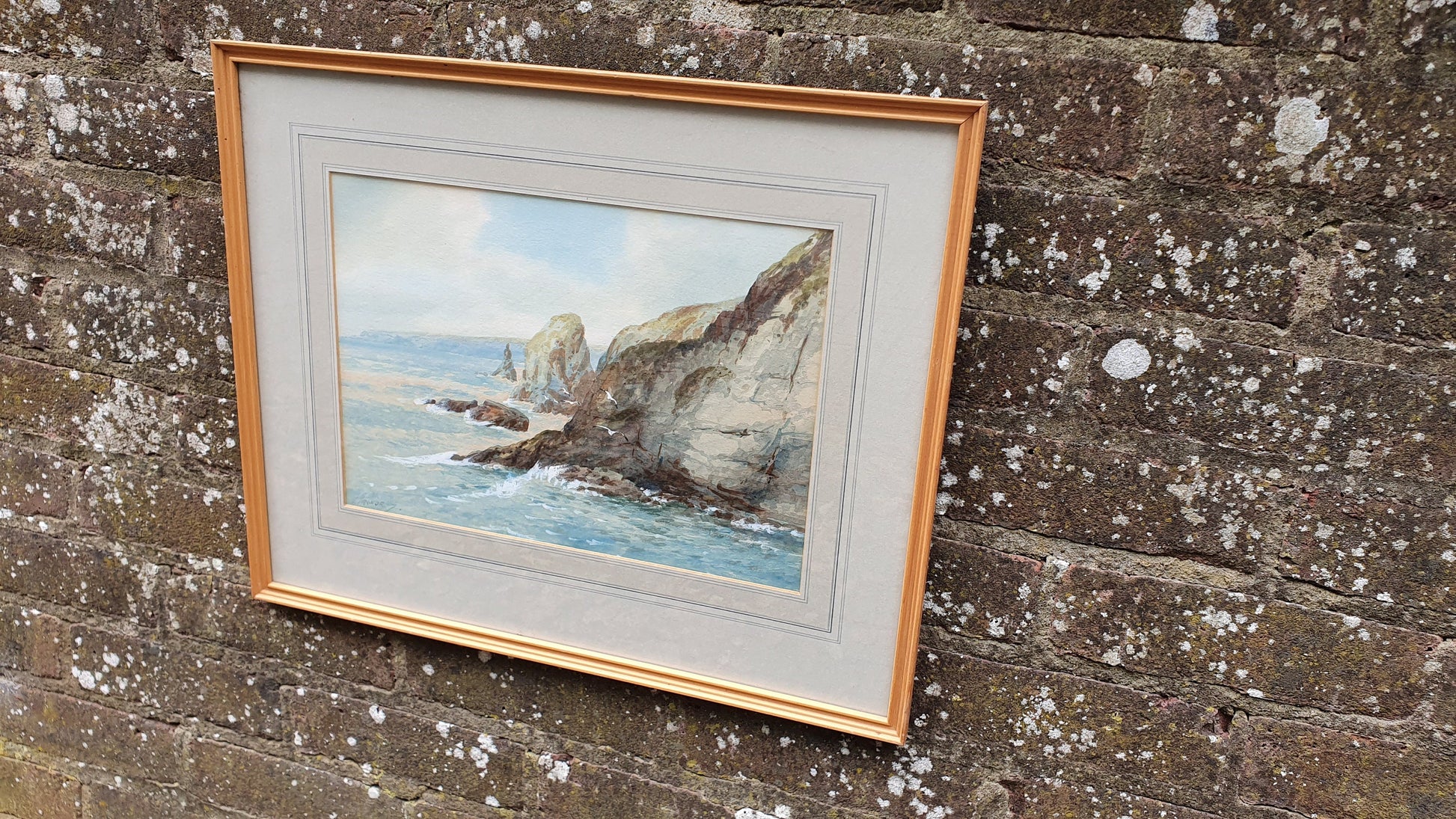 Large Vintage Original Watercolour Rocks and Waves Seascape Seagulls Climb From The Waves by S Trevor Air B’n’B Decor