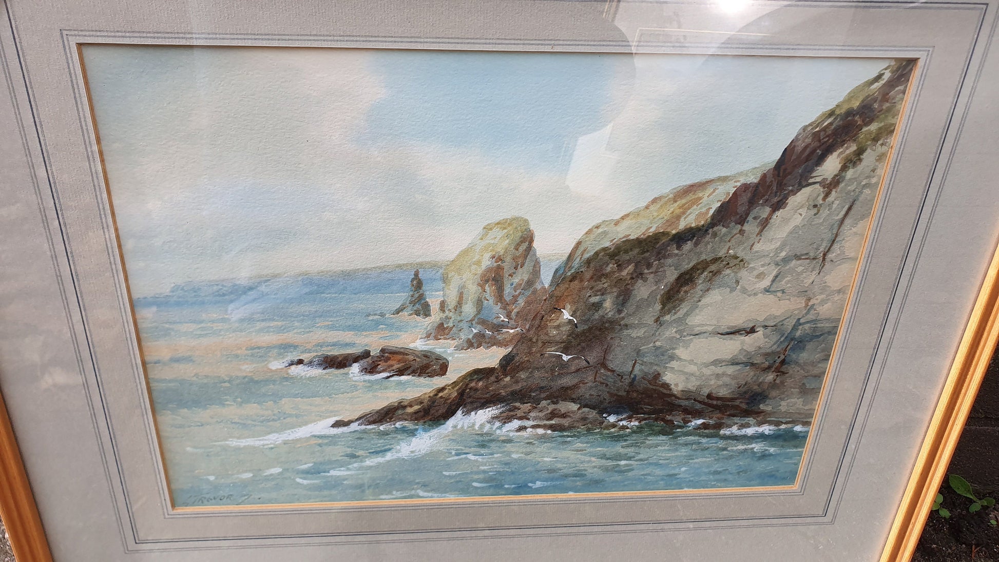 Large Vintage Original Watercolour Rocks and Waves Seascape Seagulls Climb From The Waves by S Trevor Air B’n’B Decor