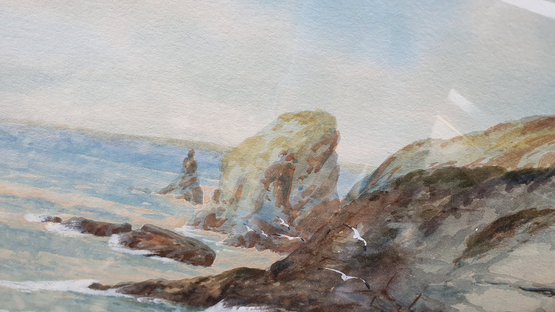 Large Vintage Original Watercolour Rocks and Waves Seascape Seagulls Climb From The Waves by S Trevor Air B’n’B Decor