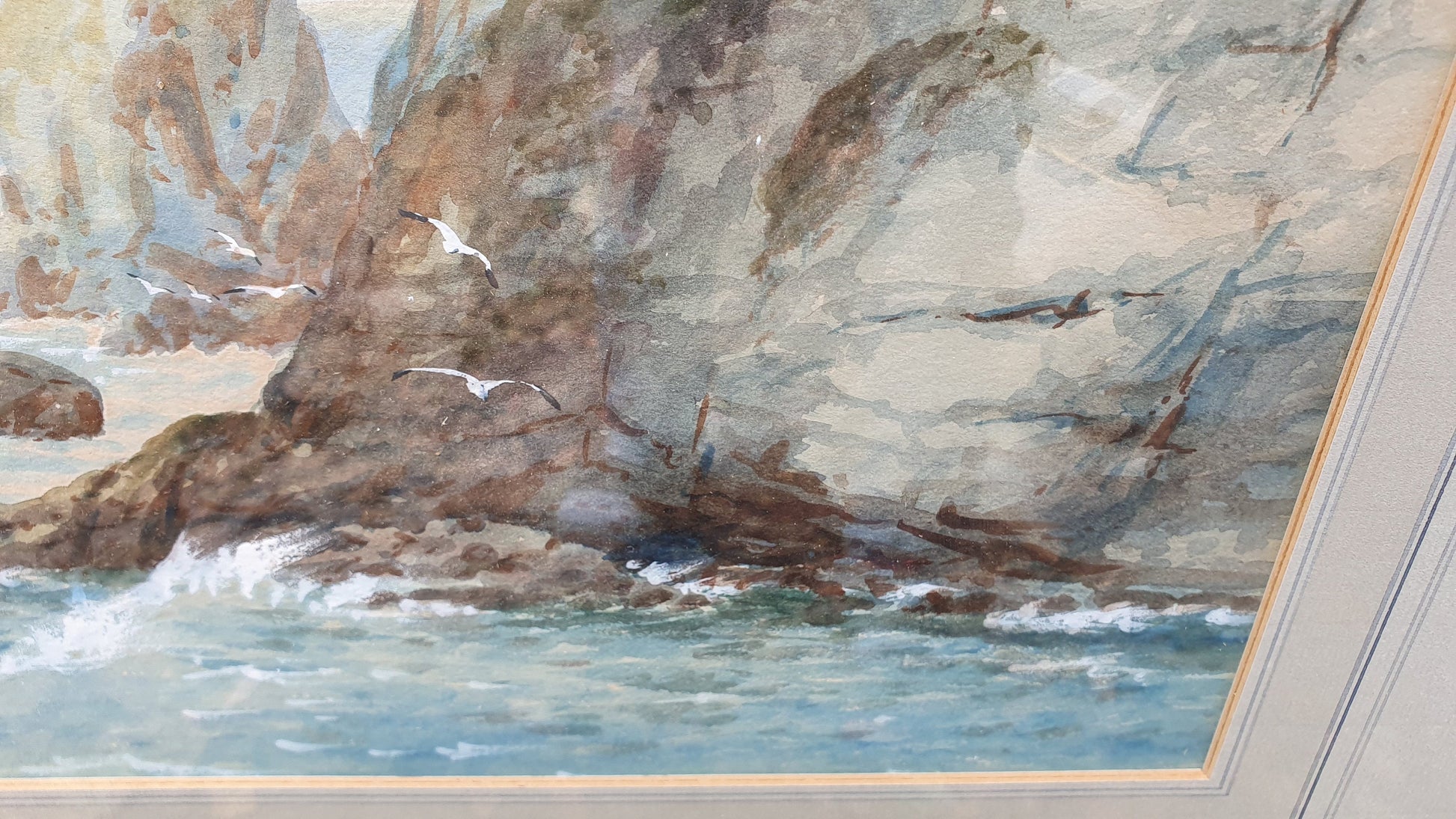 Large Vintage Original Watercolour Rocks and Waves Seascape Seagulls Climb From The Waves by S Trevor Air B’n’B Decor