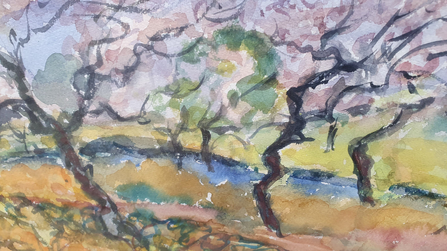 Vintage Abstract Original Watercolour Outback Trees and Creek Mavis Wilson Australia.